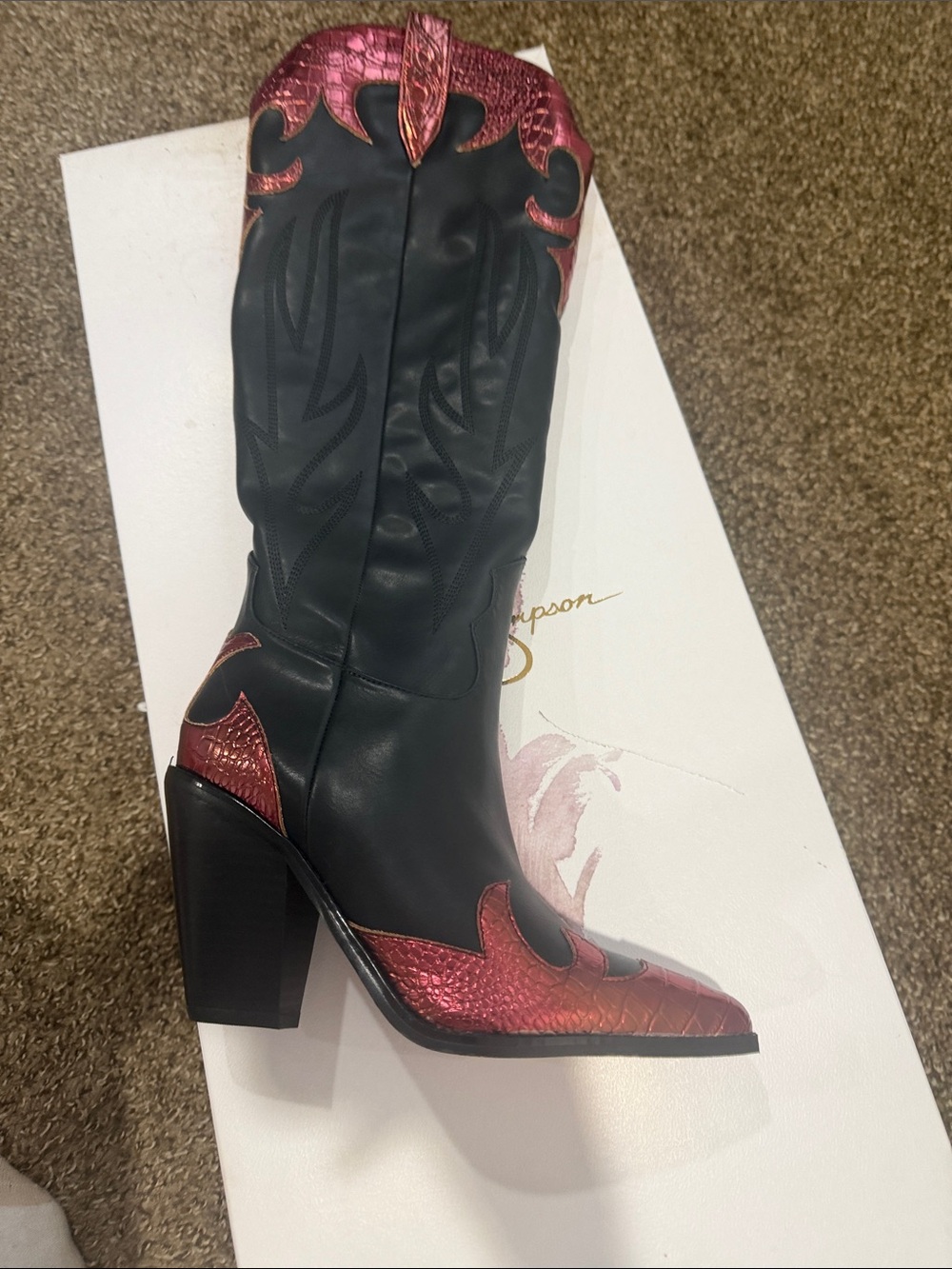 Jessica Simpson Black and Metallic Red Western-Style Heeled Boot